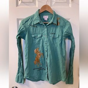 Wrangler Shirt Western Cowgirls Rock Womens M Rhinestone Snap Pockets Turquoise